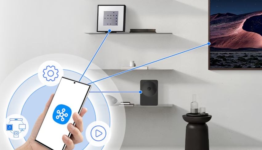 Reproduktor Samsung Music Studio 7 LS71H (1 ks) bílý Ovládání reproduktoru Samsung HW-LS71H Studio 7 přes mobilni aplikaci SmartThings. Jsou vidět šipky, jak signal miří z chytreho zařízení k reproduktoru, případně k ramecku nebo k televizi.