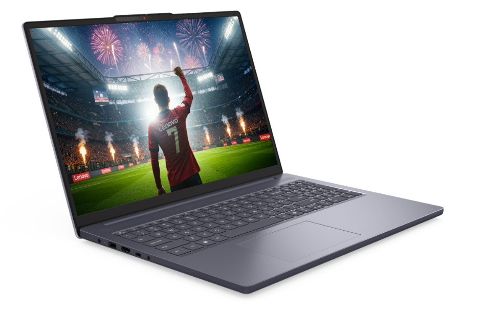Otevřený a zapnutý notebook Lenovo IdeaPad Slim 3 16IPH11 otočený doprava