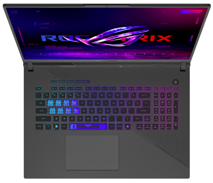 Pohled shora na 4zónově RGB podsvícenou klávesnici s numerickou částí