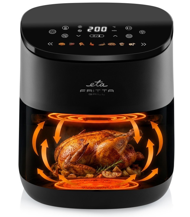 Fritéza horkovzdušná ETA Fritta Grill 1167 90000 černá Grafická vizualizace 3D cirkulace horkého vzduchu a topného tělesa pro rovnoměrné pečení celé drůbeže ve fritéze ETA Fritta Grill