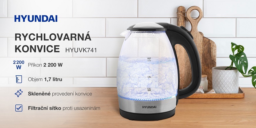 Rychlovarná konvice Hyundai, skleněná