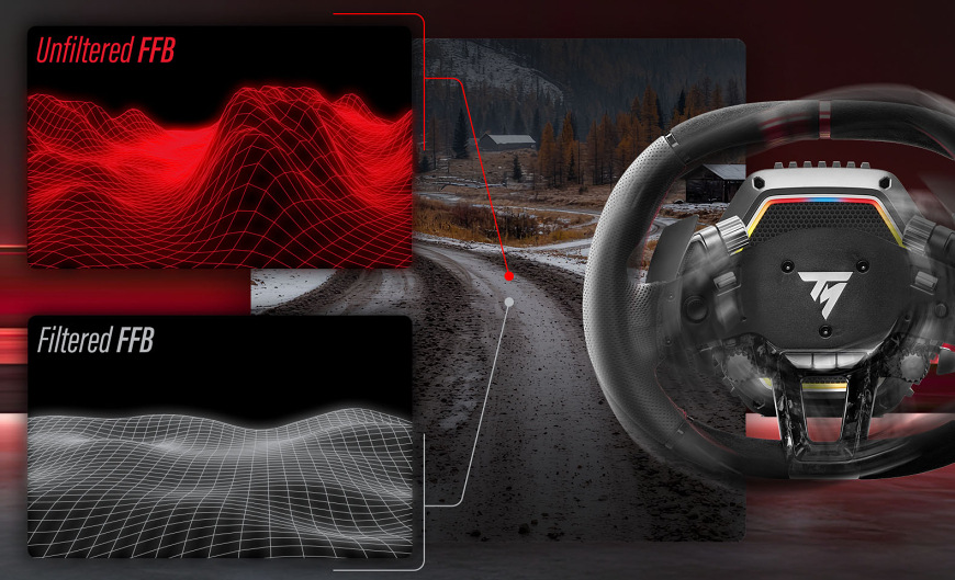 Základna Thrustmaster T818 Black Edition Direct Drive černá Ukázka nevyfiltrované a filtrované odezvy force feedback