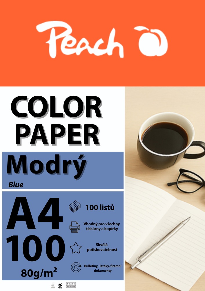 Papíry do tiskárny Peach Color A4 - 100 listů modré
