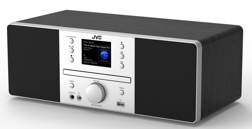Kompaktní audio systém All-in-One JVC RD-E874B v černé barvě s imitací dřeva, s CD mechanikou a barevným displejem