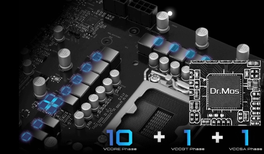 Detail 10+1+1fázového napájení s Dr.MOS u základní desky ASRock B860 Pro-A pro stabilní provoz procesoru