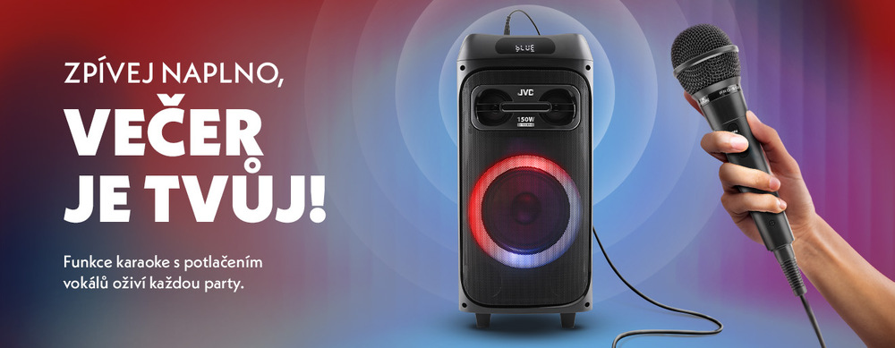 Bezdrátový party reproduktor JVC XS-EP514B s výkonem 150 W a barevným podsvícením reproduktoru. Na obrázku je ruka držící mikrofon a text "Zpívej naplno, večer je tvůj!
