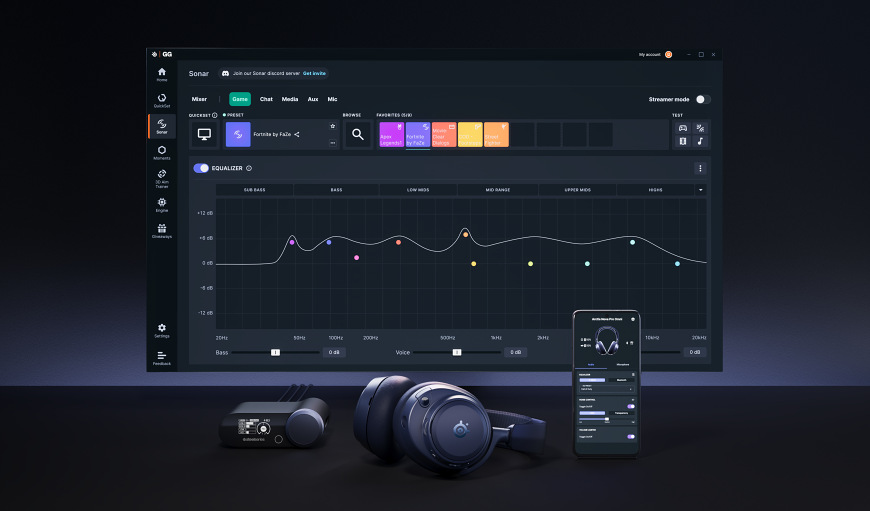 Headset SteelSeries Arctis Nova Pro Omni černý Headset a základna před monitorem s nastavením zvuku