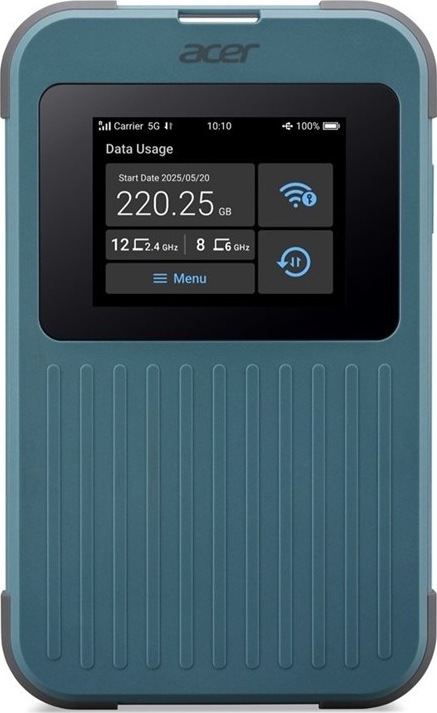 Modrozelený mobilní hotspot Acer Connect M4 z čelního pohledu. Na přední straně má barevný displej se stavem 5G připojení, využitými daty, připojenými zařízeními a ikonami Wi-Fi. Tělo má zaoblené rohy a vroubkovaný spodní panel.