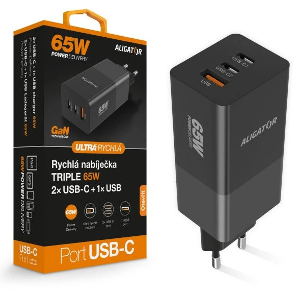 Nabíječka do sítě Aligator GaN, PD 65W, 2xUSB-C + USB černá