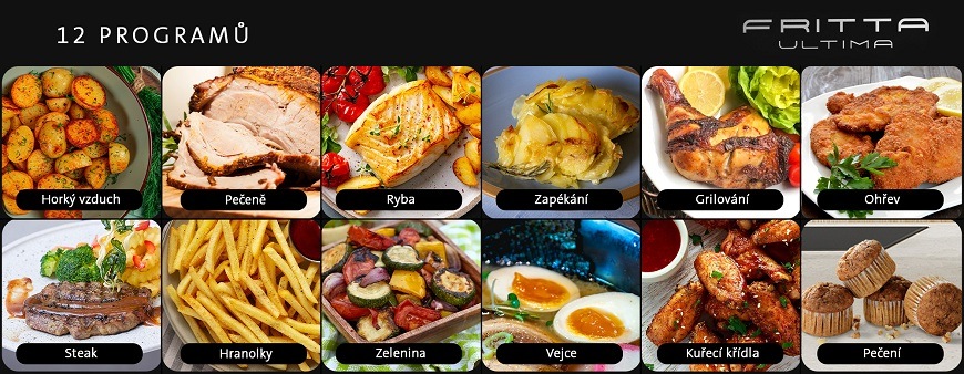 Grafický přehled 12 programů fritézy ETA Fritta Ultima. Zobrazuje připravená jídla pro programy: Horký vzduch, Pečeně, Ryba, Zapékání, Grilování, Ohřev, Steak, Hranolky, Zelenina, Vejce, Kuřecí křídla a Pečení.