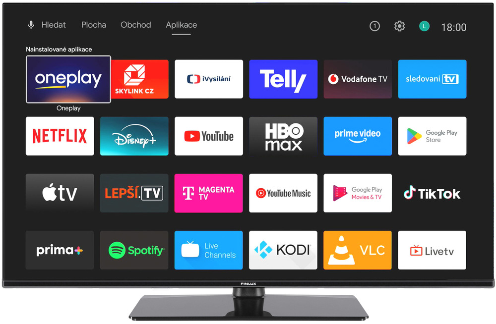 Televize Finlux 24FHI5671, na obrazovce je přehled nainstalovaných aplikací