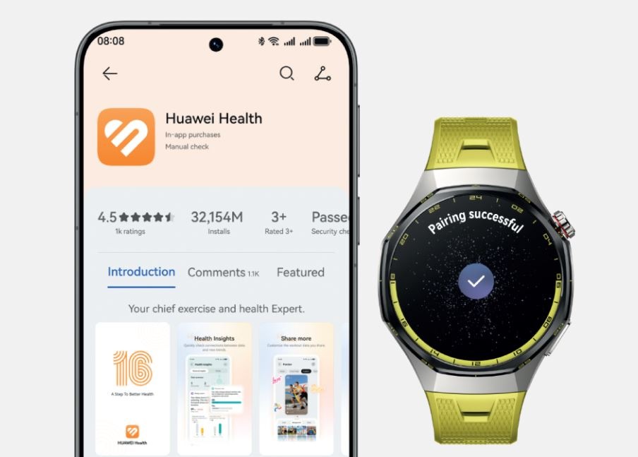 Chytré hodinky Huawei Watch GT 7 Pro propojené s aplikací Huawei Health v mobilním telefonu