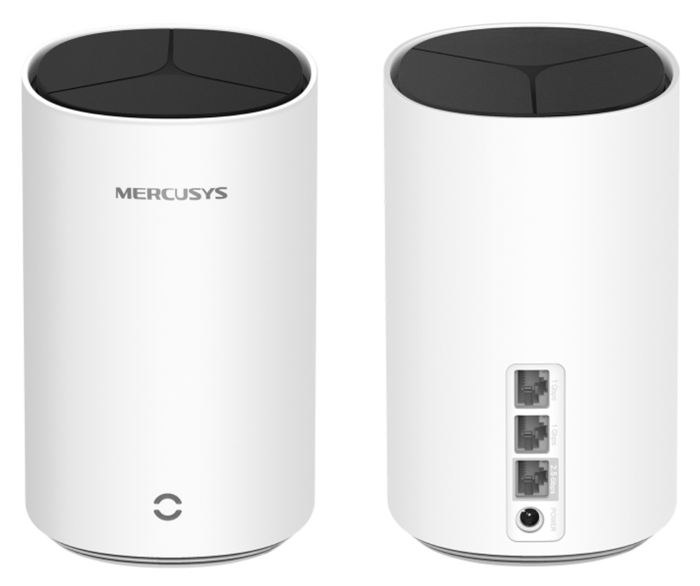 Přední a zadní pohled na router Mercusys Halo E85X s trojicí síťových portů