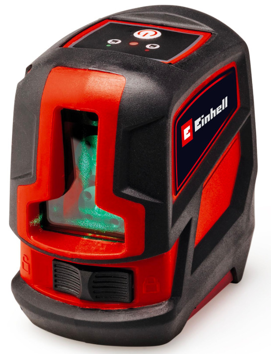 Detail přední projekční části křížového laseru Einhell TCLL2G se zelenou linií