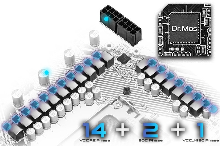 Základní deska ASRock X870 PRO RS WIFI Detail napájecí kaskády Dr.MOS 14+2+1 u desky ASRock X870 PRO RS WIFI pro stabilní výkon CPU