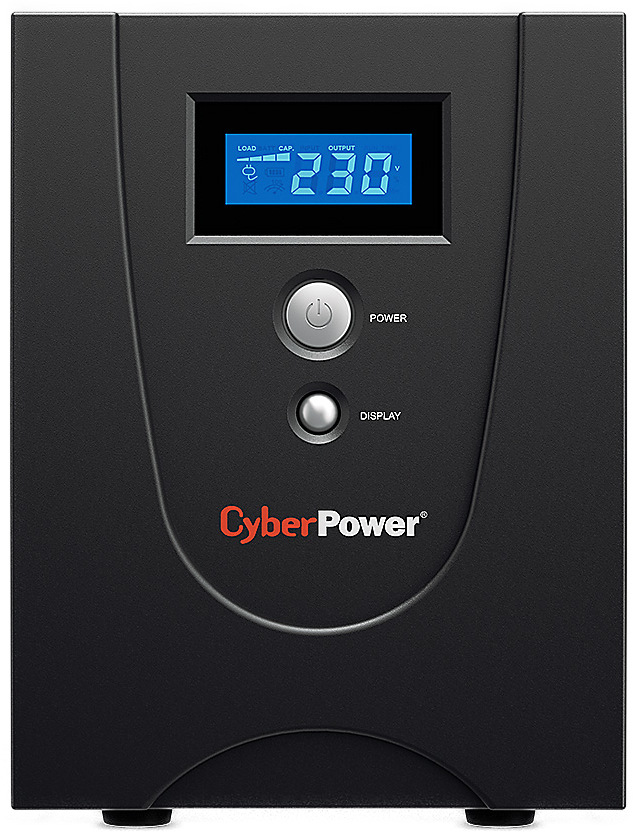 Záložní zdroj CyberPower GreenPower Value LCD UPS 2200VA/1320W černý Na obrázku je záložní zdroj (UPS) Cyber Power Systems GreenPower Value LCD 2200VA/1320W. Vypadá jako černá hranatá „věž“, podobná menší počítačové skříni, určená k postavení na podlahu nebo vedle stolu. Na čelní straně je modře podsvícený LCD displej s čísly a ikonami (například napětí a stav zátěže/baterie). Pod displejem jsou dvě tlačítka – větší POWER (zapnutí) a menší DISPLAY. V dolní části čela je logo CyberPower a na pravém boku jsou větrací otvory pro chlazení.