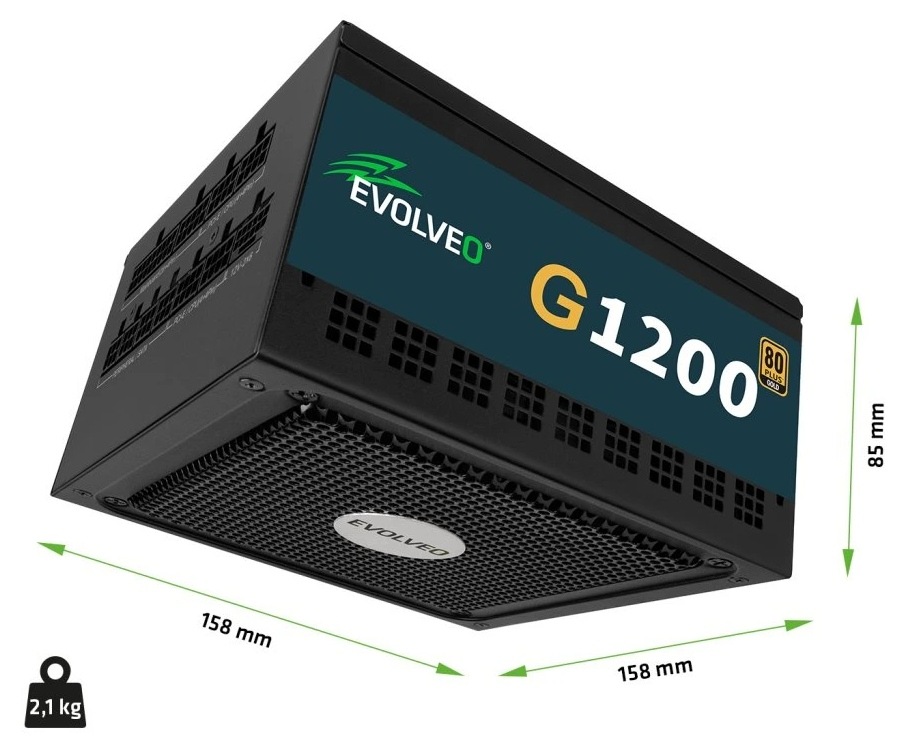 Zdroj Evolveo G1200 Black 1200W 80+ Gold, ATX 3.1 černý Evolveo G1200 80+ Gold je široký jen 158 mm – vejde se i do kompaktní skříně