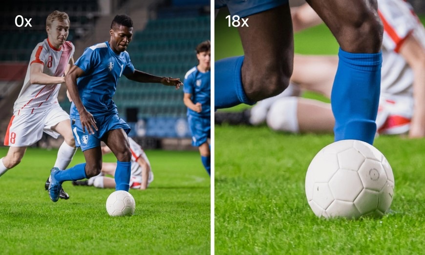 Vlevo fotografie fotbalistů, vpravo přiblížený snímek míče pořízení fotoaparátem Sportsline 64 Pro s digitálním zoomem
