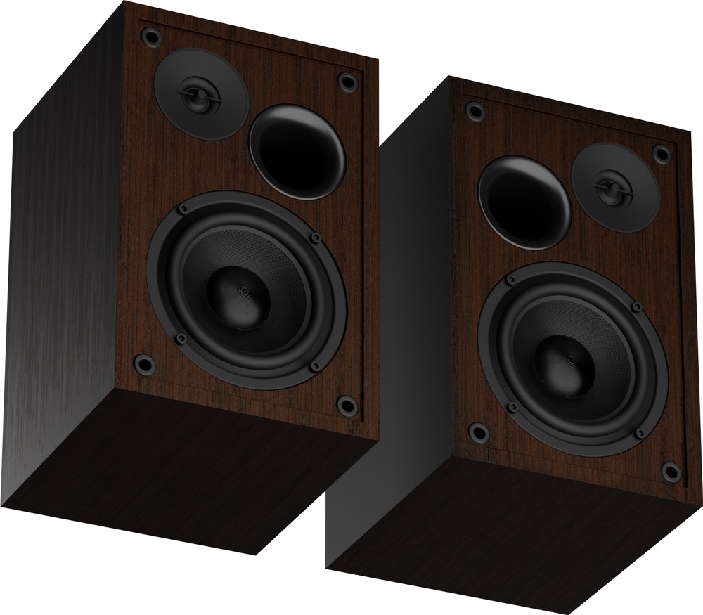 Reproduktory Genesis Arsen 302BT, 20 W hnědé Dva hnědé reproduktory Genesis bez předních mřížek, vyfotografované šikmo zespodu. Na čelní straně každého je velký basový reproduktor, menší výškový reproduktor a kruhový otvor bassreflexu.