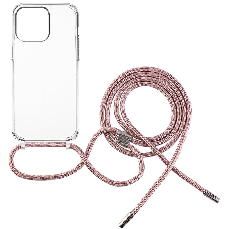 Kryt na mobil FIXED Pure Neck s růžovou šňůrkou na krk na Apple iPhone 15 Pro průhledný