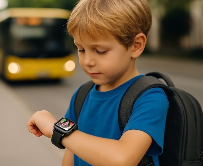 Chytré hodinky Carneo GuardKid+ 4G ULTRA 2nd gen. růžové Chlapec čekající na autobus komunikuje pomocí hodinek s maminkou.