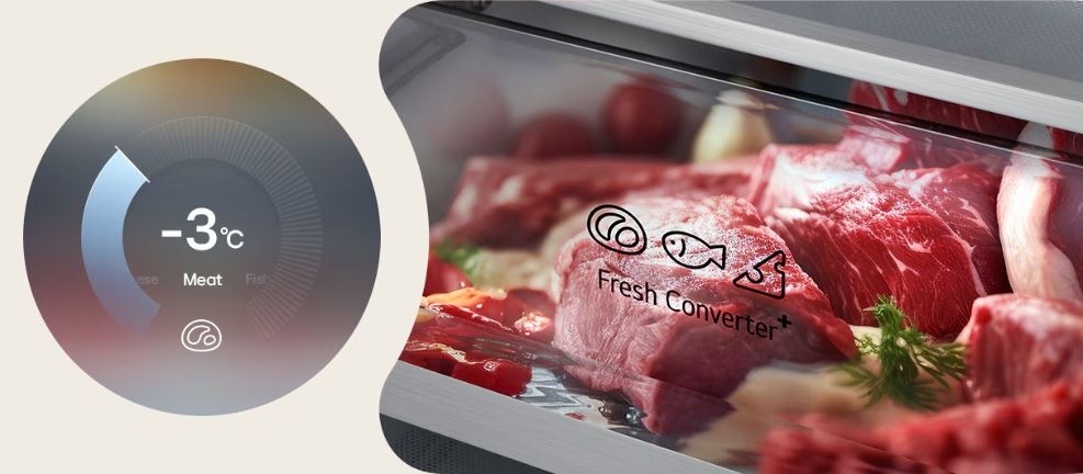 Chladnička s mrazničkou LG GBBS726AMB metal sorbet nerez V úložné přihrádce FreshConverter je uloženo čerstvé maso a na displeji je nastavená teplota mínus tři stupně Celsia