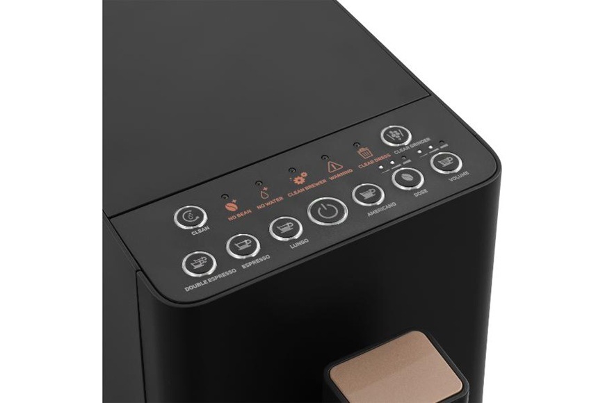Ovládací panel automatického kávovaru Sencor SES 6100BK nabízí 4 automatické programy pro přípravu espressa, lunga, dvojitého espressa a americana jediným stiskem tlačítka.