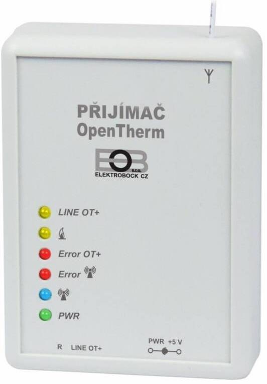 Samostatný OpenTherm přijímač Elektrobock v bílé barvě s LED kontrolkami stavu a napájení