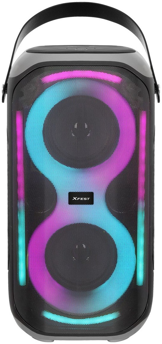 Party reproduktor Trevi XFM 225 W černý Trevi XFest XF 225 W s RGB osvětlením, pohled zepředu s lehce odlišnou barvou světel.