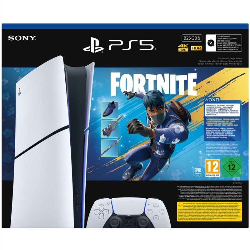 Obrázek balení Sony PlayStation 5 Slim s digitálním balíčkem Flowering Chaos pro hru Fortnite.