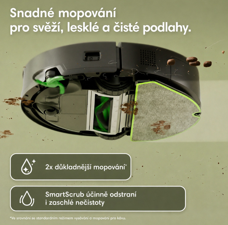 Mikrovláknová podložka a režim SmartScrub odstraňují zaschlé nečistoty z podlahy