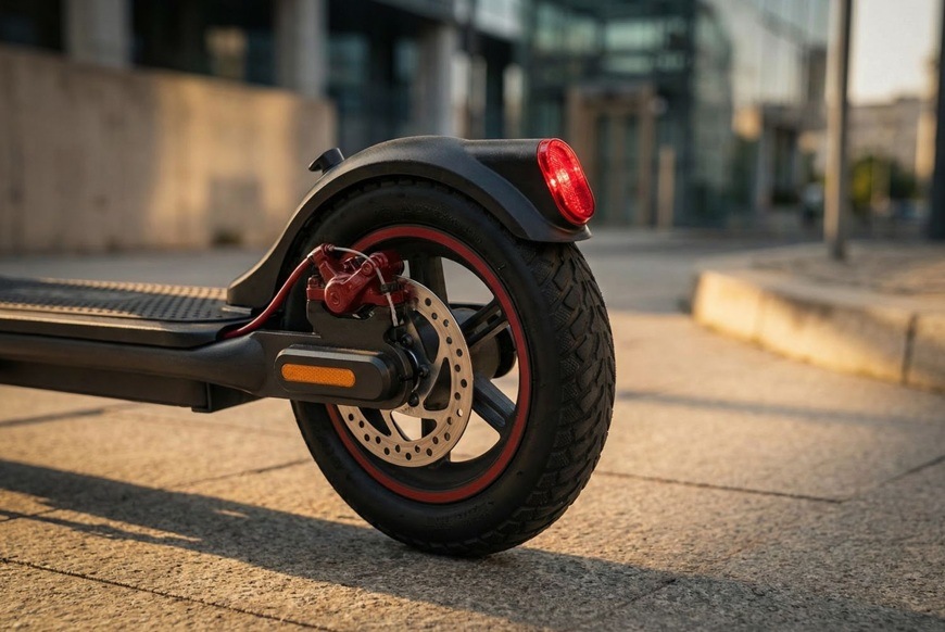 Elektrická koloběžka Sencor SCOOTER S25 černá Detail zadního kola elektrické koloběžky Sencor SCOOTER S31 s kotoučovou brzdou a rozsvíceným zadním světlem při jízdě městem. Robustní pneumatika a výrazný brzdový systém zdůrazňují stabilitu a bezpečnost.
