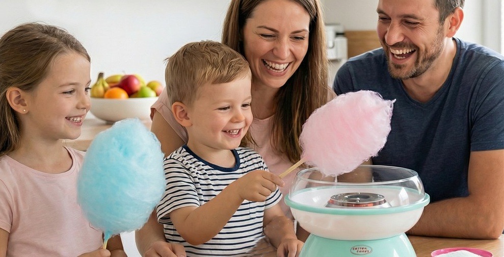 Rodina s dětmi při výrobě cukrové vaty doma pomocí stroje Clatronic Cotton Candy.