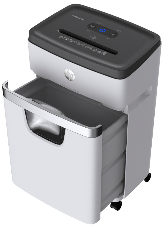 Detail vysunutého odpadního koše skartovače HP OneShred 18CC s průhledovým okénkem