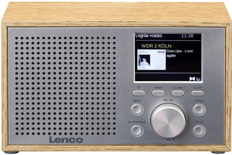 Radiopřijímač DAB+ Lenco DAR-017WH ve světlém dřevěném provedení s LCD displejem a ovládacími prvky zepředu