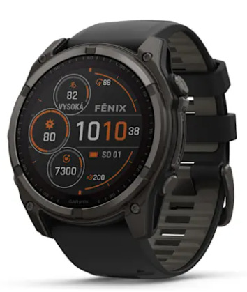 fēnix® 8 – 51 mm, Solar, Sapphire, Carbon grey DLC titanium s Black/Grey silikonovým řemínkem
