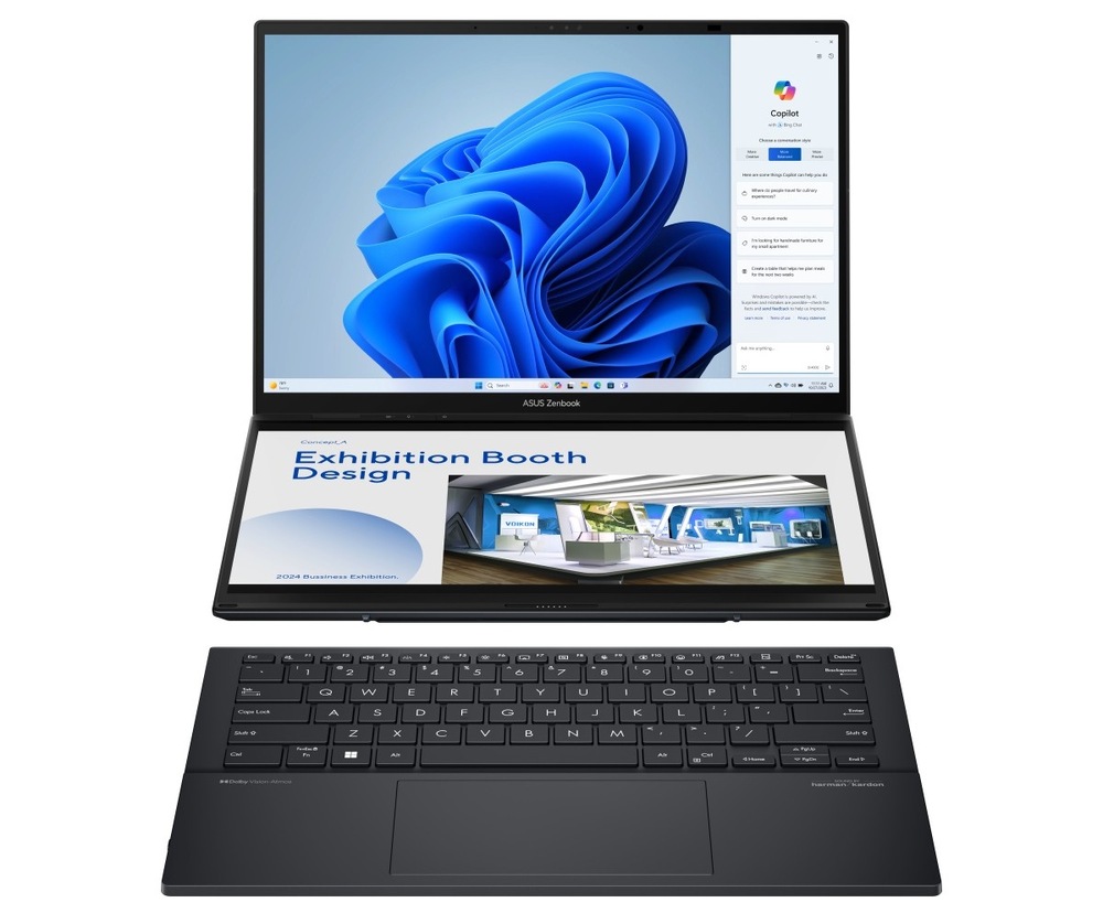 Otevřený a zapnutý notebook se dvěma displeji Asus Zenbook Duo