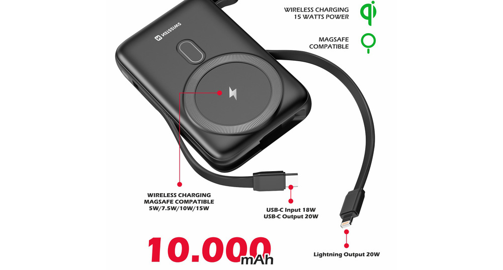 Powerbanka Swissten 10000 mAh, PD 20W s integrovanými kabely USB-C a Lightning (kompatibilní s MagSafe) černá Powerbanka Swissten 10000 mAh, PD 20W s integrovanými kabely USB-C a Lightning (kompatibilní s MagSafe) černá