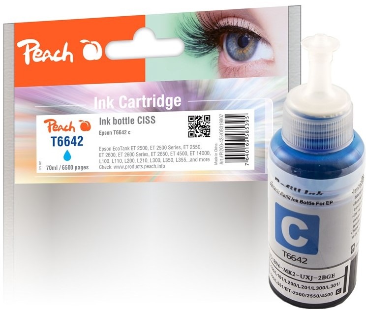 Inkoustová náplň Peach Epson 664C, T6642, 6500 stran - azurová