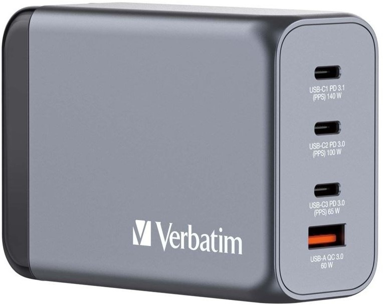 Cestovní adaptér Verbatim GNC-240 GaN, 240W, 3x USB-C PD, 1x USB QC - šedý