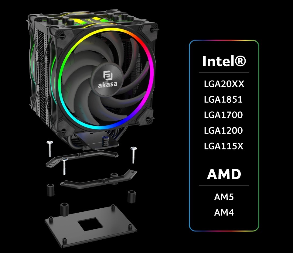 Chladič CPU AKASA H4 Plus + SOHO AR12 Reverse Blade Fan černý AKASA H4 Plus + SOHO AR12 Reverse Blade Fan zaujme také snadnou montáží