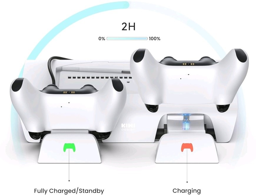 Dokovací stanice KIWI design D3 Cooling Station for PS5 Slim černá/bílá Ovladače připojené k dokovací stanici KIWI D3 Cooling Station s LED ukazateli nabití