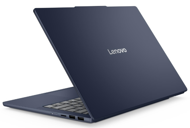 Notebook Lenovo IdeaPad Slim 5 14AKP10 modrý Zadní strana modrého notebooku Lenovo IdeaPad Slim 5 s logem a bočními porty