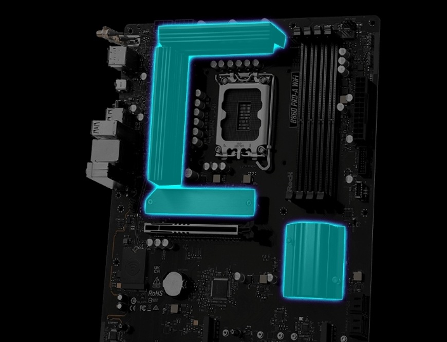 Základní deska ASRock B860 Pro-A WiFi Zvýrazněné chladiče VRM a M.2 slotu na základní desce ASRock B860 Pro-A WiFi pro efektivní odvod tepla