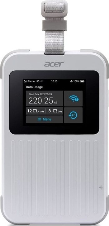 Bílý mobilní hotspot Acer Connect Enduro M6E z čelního pohledu. Na přední straně má dotykový displej se stavem 5G připojení, využitými daty a Wi-Fi ikonami, dole vroubkovaný panel a nahoře poutko pro přenášení.