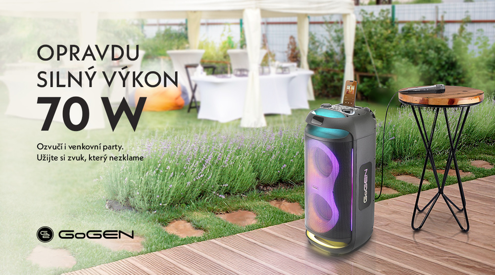 Party reproduktor GoGEN Partee na zahradní party, popis 70W výkonu