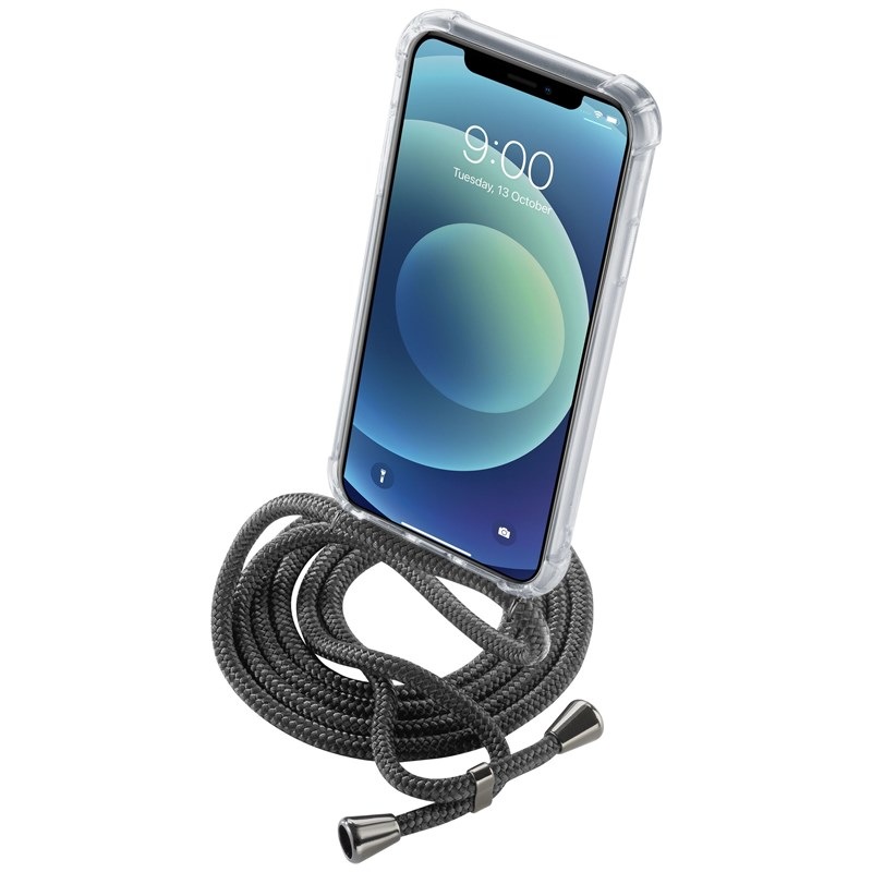 Kryt na mobil CellularLine Neck-Case s černou šňůrkou na krk na Apple iPhone XR průhledný
