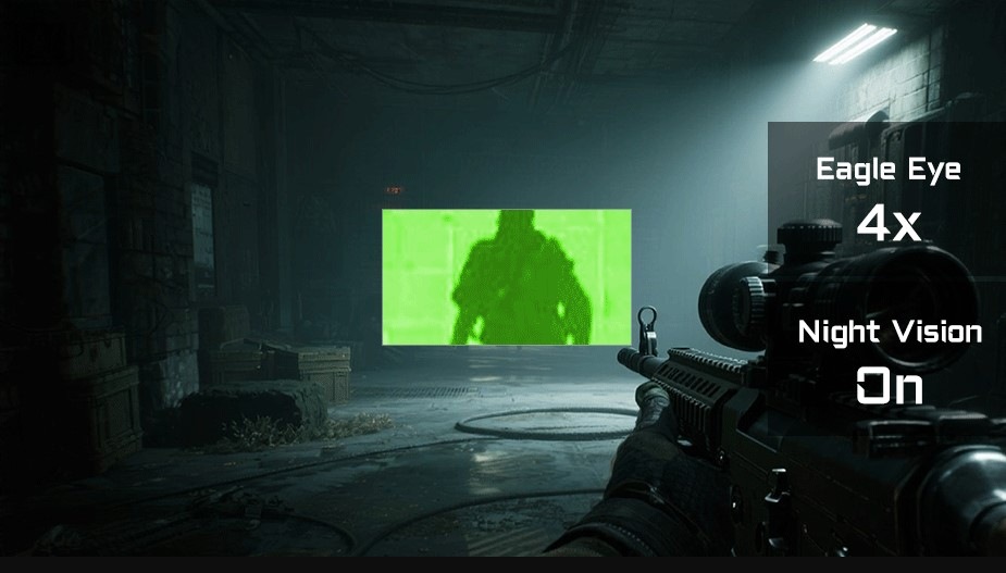 Herní monitor GIGABYTE M27UP černý Zvýrazněný nepřítel ve tmě pomocí Night Vision a hráč se zbraní
