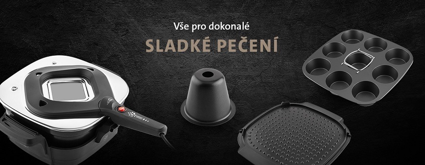 Elektrický pečicí hrnec ETA Pečenka Sweet Family v černé barvě s příslušenstvím pro sladké pečení: forma na bábovku, forma na muffiny a ochranné víko