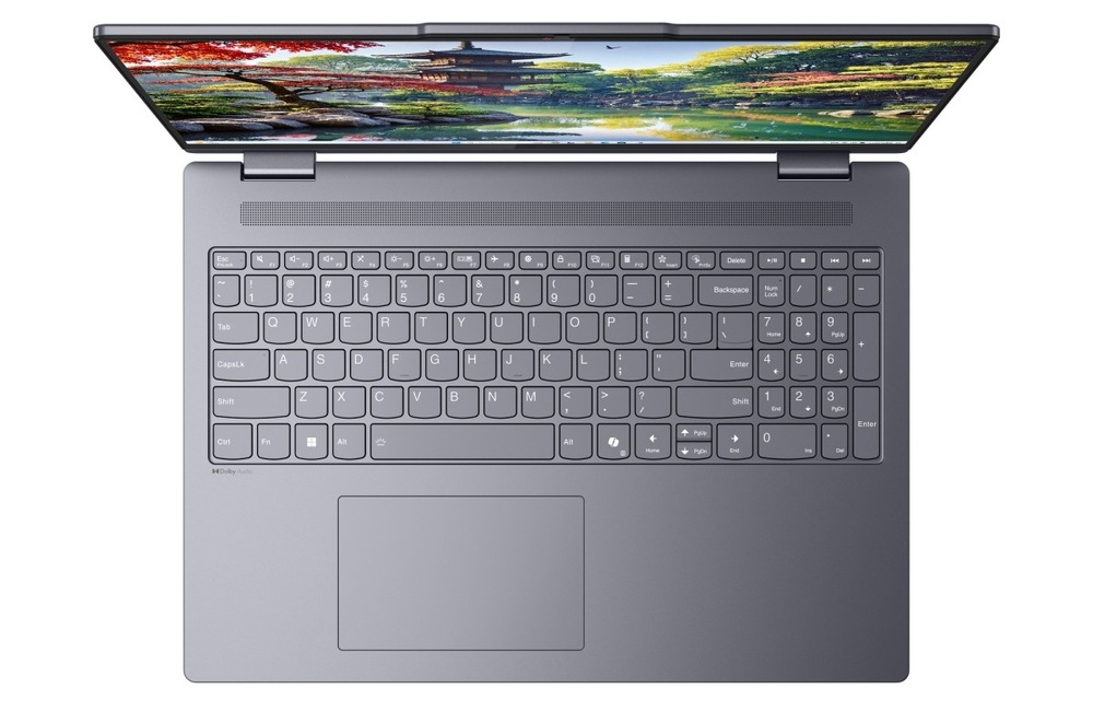 Notebook Lenovo IdeaPad 5 2 in 1 16IAL10 šedý Pohled shora na klávesnici notebooku Lenovo IdeaPad 5 2 in 1 16IAL10